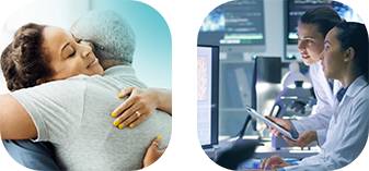 Graphic composite of two people hugging and medical people looking at a computer
